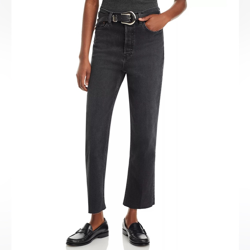 RE/DONE 70’s Stove Pipe High Rise Cropped Raw Hem Jeans in Washed Noir size 26